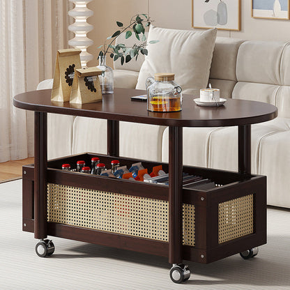 Traditional Vintage Bamboo PP Plastic Weaving Oval Rectangular Side Table 2-Tier Movable Storage For Living Room