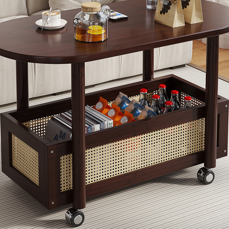 Traditional Vintage Bamboo PP Plastic Weaving Oval Rectangular Side Table 2-Tier Movable Storage For Living Room