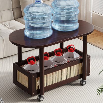 Traditional Vintage Bamboo PP Plastic Weaving Oval Rectangular Side Table 2-Tier Movable Storage For Living Room