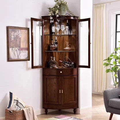 Contemporary Retro Solid Wood Glass Rectangular Corner Storage Cabinet 1-Drawer For Living Room