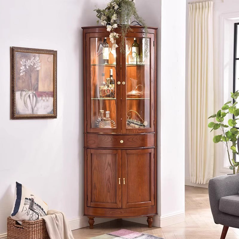 Contemporary Retro Solid Wood Glass Rectangular Corner Storage Cabinet 1-Drawer For Living Room