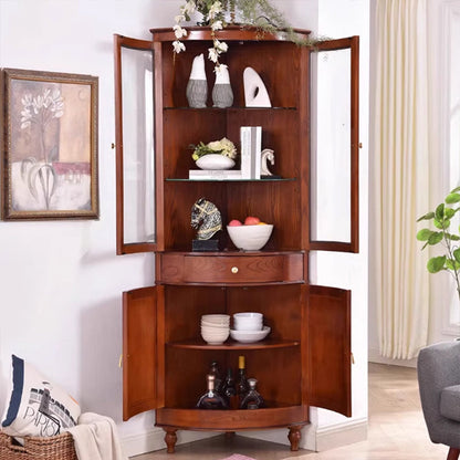 Contemporary Retro Solid Wood Glass Rectangular Corner Storage Cabinet 1-Drawer For Living Room