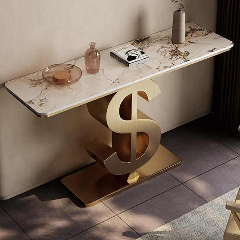 Contemporary Luxury Sintered Stone Stainless Steel Dollar-Shape Rectangle Console Table With 1-Tier For Entryway, Living Room, Bedroom