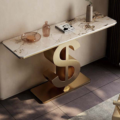 Contemporary Luxury Sintered Stone Stainless Steel Dollar-Shape Rectangle Console Table With 1-Tier For Entryway, Living Room, Bedroom