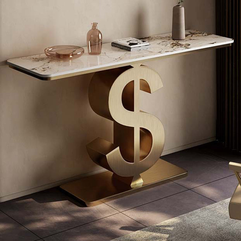 Contemporary Luxury Sintered Stone Stainless Steel Dollar-Shape Rectangle Console Table With 1-Tier For Entryway, Living Room, Bedroom