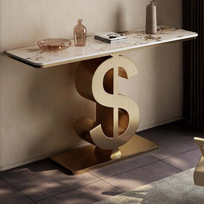 Contemporary Luxury Sintered Stone Stainless Steel Dollar-Shape Rectangle Console Table With 1-Tier For Entryway, Living Room, Bedroom
