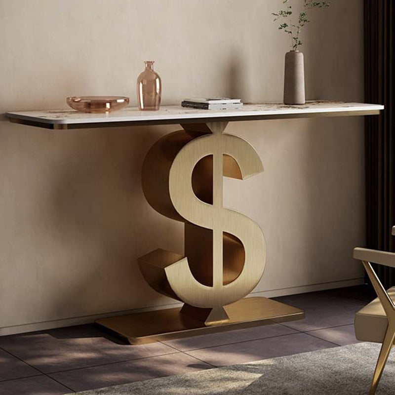 Contemporary Luxury Sintered Stone Stainless Steel Dollar-Shape Rectangle Console Table With 1-Tier For Entryway, Living Room, Bedroom