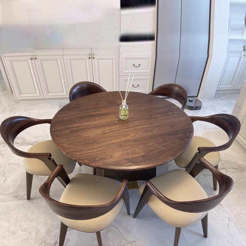 Modern Minimalist Walnut Wood Stainless Steel Round Dining Table With 1-Tier For 5/6 Seats