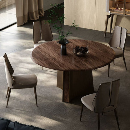 Modern Minimalist Walnut Wood Stainless Steel Round Dining Table With 1-Tier For 5/6 Seats