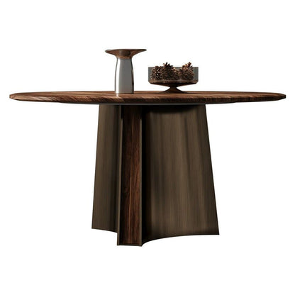 Modern Minimalist Walnut Wood Stainless Steel Round Dining Table With 1-Tier For 5/6 Seats