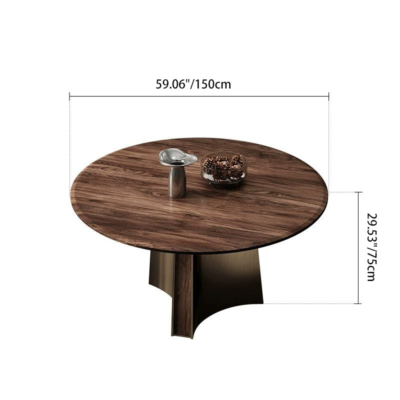 Modern Minimalist Walnut Wood Stainless Steel Round Dining Table With 1-Tier For 5/6 Seats