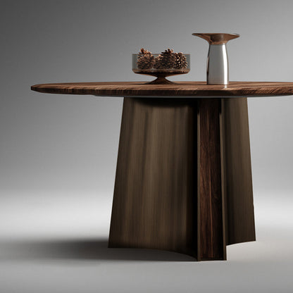 Modern Minimalist Walnut Wood Stainless Steel Round Dining Table With 1-Tier For 5/6 Seats
