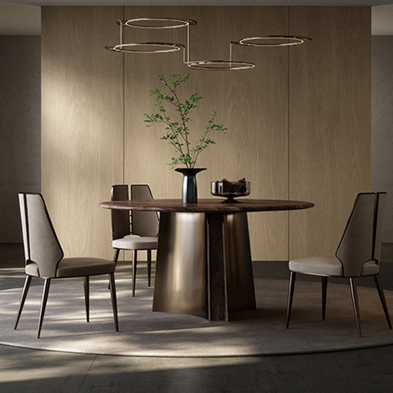 Modern Minimalist Walnut Wood Stainless Steel Round Dining Table With 1-Tier For 5/6 Seats
