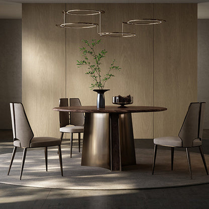 Modern Minimalist Walnut Wood Stainless Steel Round Dining Table With 1-Tier For 5/6 Seats