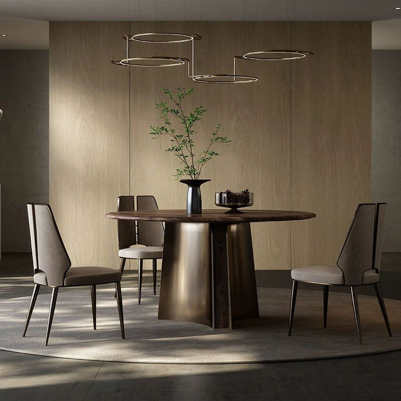 Modern Minimalist Walnut Wood Stainless Steel Round Dining Table With 1-Tier For 5/6 Seats