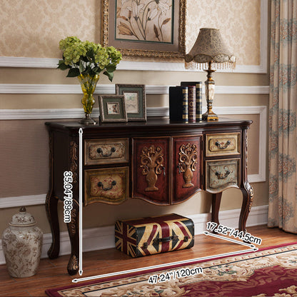 Traditional Vintage Rubberwood Rectangular Console Table With 4 Drawers And Cabinet For Entryway, Living Room, Bedroom