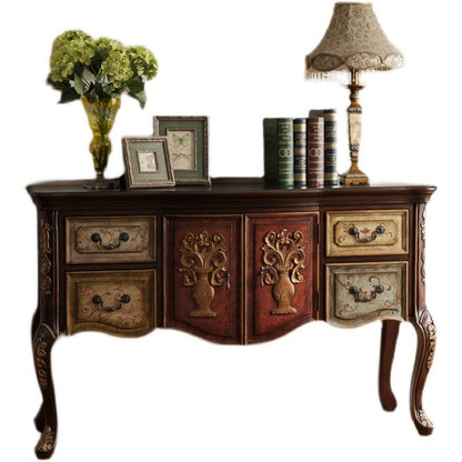 Traditional Vintage Rubberwood Rectangular Console Table With 4 Drawers And Cabinet For Entryway, Living Room, Bedroom