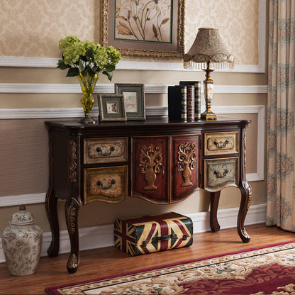 Traditional Vintage Rubberwood Rectangular Console Table With 4 Drawers And Cabinet For Entryway, Living Room, Bedroom