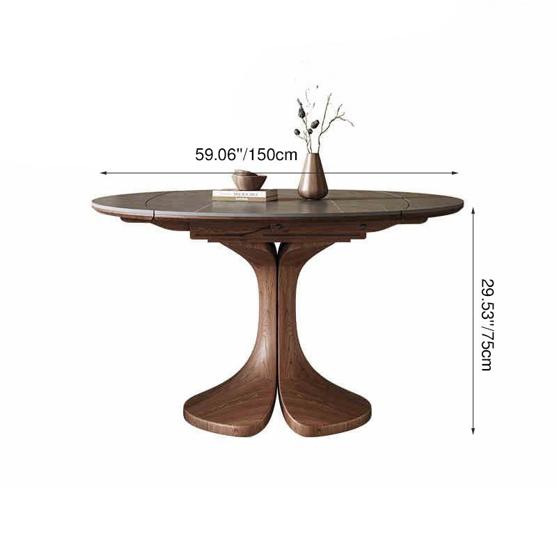 Traditional Vintage Sintered Stone Round Dining Table With Extendable Foldable For 12 Seats