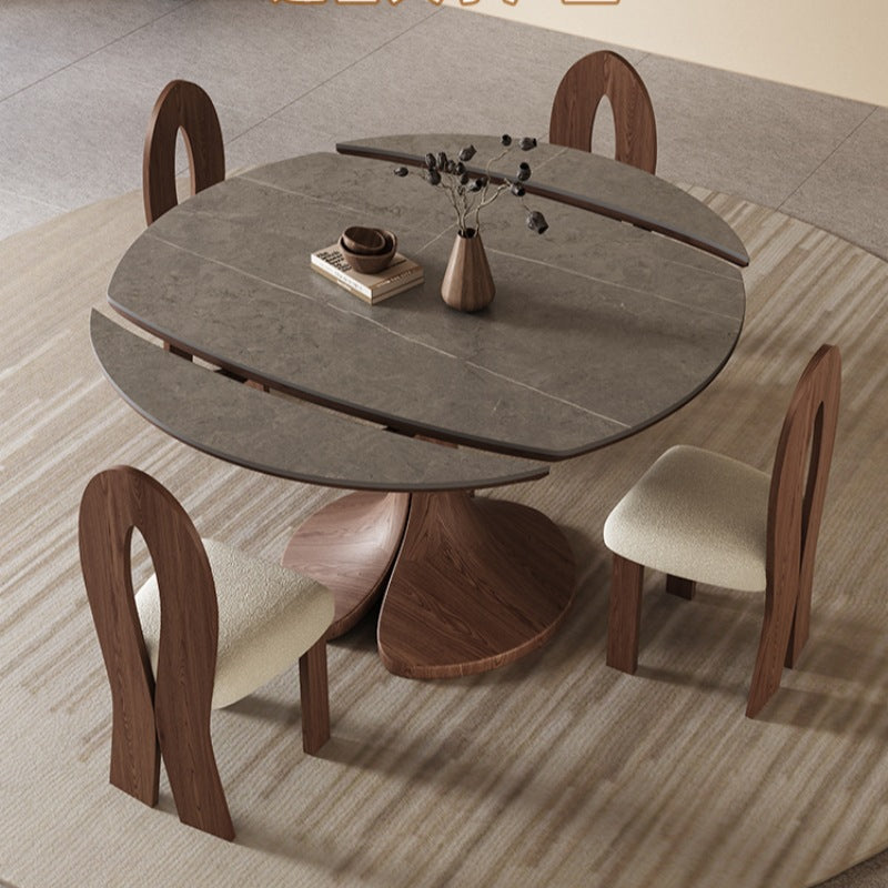 Traditional Vintage Sintered Stone Round Dining Table With Extendable Foldable For 12 Seats