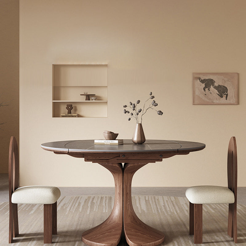 Traditional Vintage Sintered Stone Round Dining Table With Extendable Foldable For 12 Seats
