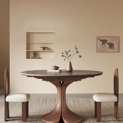 Traditional Vintage Sintered Stone Round Dining Table With Extendable Foldable For 12 Seats