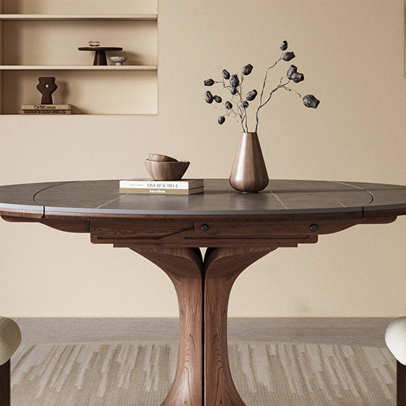 Traditional Vintage Sintered Stone Round Dining Table With Extendable Foldable For 12 Seats