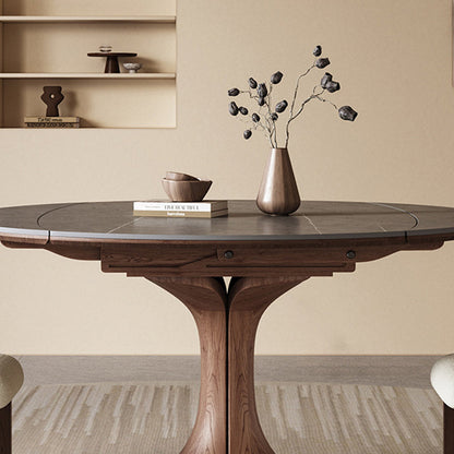 Traditional Vintage Sintered Stone Round Dining Table With Extendable Foldable For 12 Seats