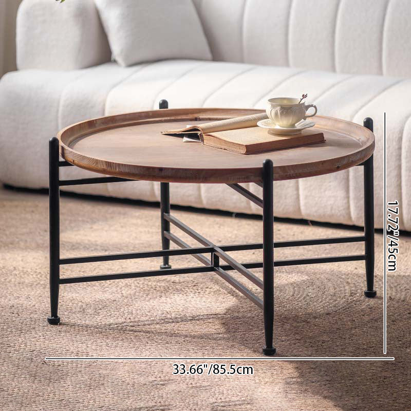 Modern Minimalist Fir Wood Round Coffee Table With Iron Frame 1 Tier For Living Room And Bedroom