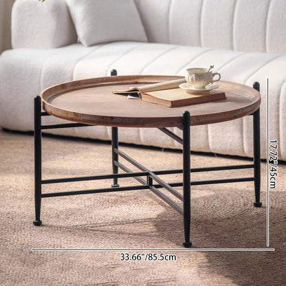 Modern Minimalist Fir Wood Round Coffee Table With Iron Frame 1 Tier For Living Room And Bedroom