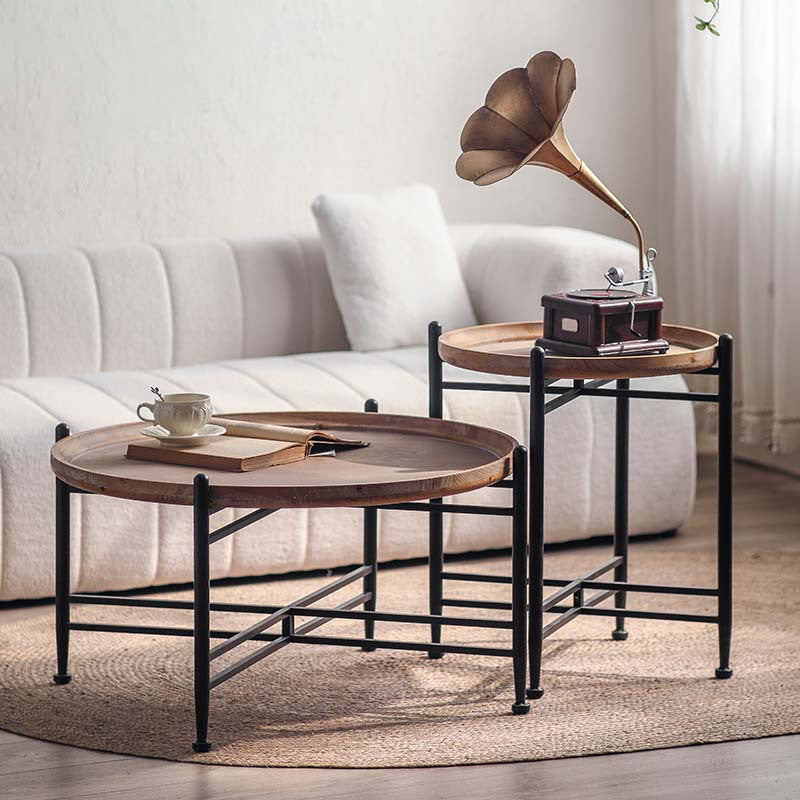 Modern Minimalist Fir Wood Round Coffee Table With Iron Frame 1 Tier For Living Room And Bedroom