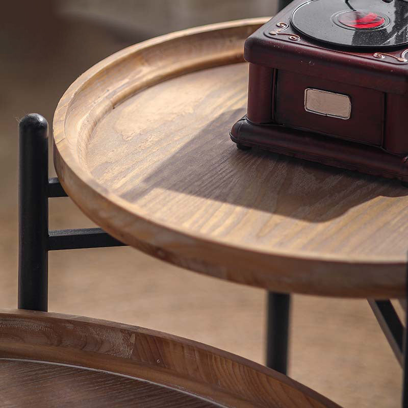 Modern Minimalist Fir Wood Round Coffee Table With Iron Frame 1 Tier For Living Room And Bedroom