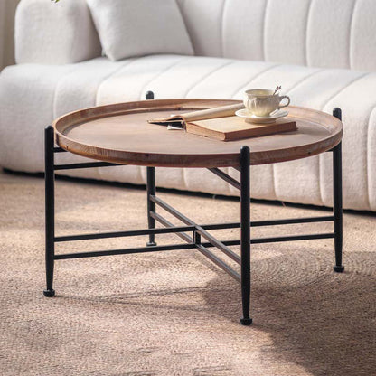 Modern Minimalist Fir Wood Round Coffee Table With Iron Frame 1 Tier For Living Room And Bedroom