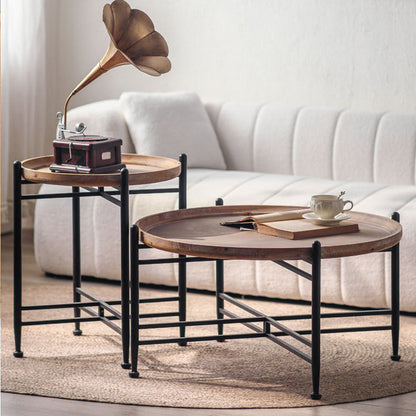 Modern Minimalist Fir Wood Round Coffee Table With Iron Frame 1 Tier For Living Room And Bedroom