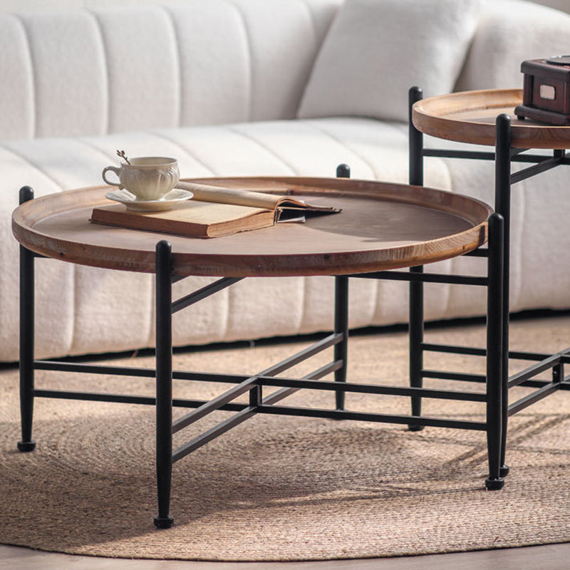 Modern Minimalist Fir Wood Round Coffee Table With Iron Frame 1 Tier For Living Room And Bedroom
