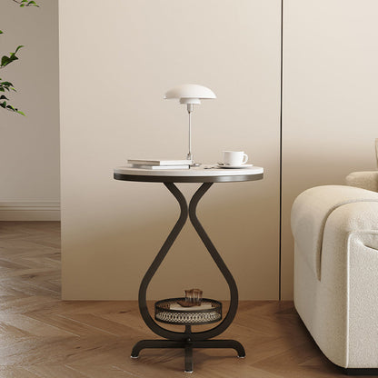 Modern Minimalist Sintered Stone Round Side Table With 2-Tier Storage For Living Room & Bedroom