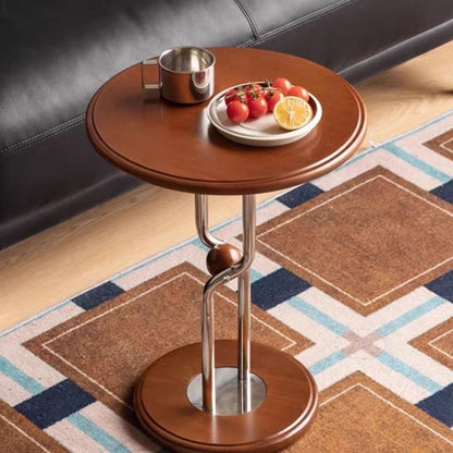 Contemporary Scandinavian Rubberwood Round Stainless Steel Base 1-Tier Side Table For Living Room & Bedroom