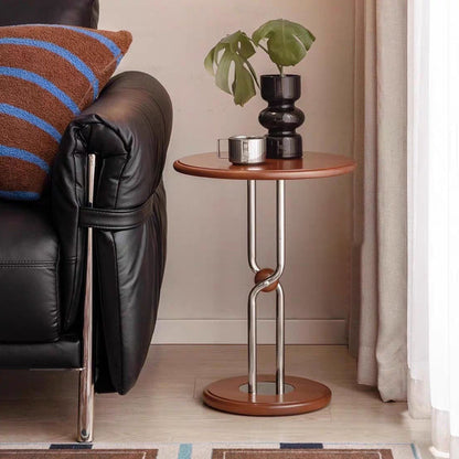 Contemporary Scandinavian Rubberwood Round Stainless Steel Base 1-Tier Side Table For Living Room & Bedroom