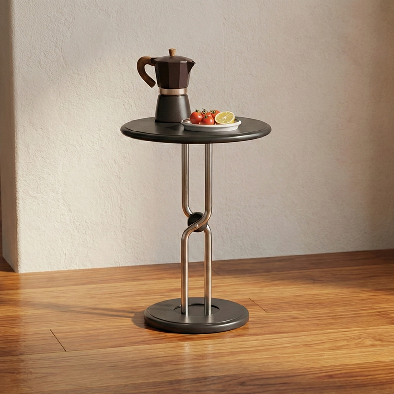 Contemporary Scandinavian Rubberwood Round Stainless Steel Base 1-Tier Side Table For Living Room & Bedroom