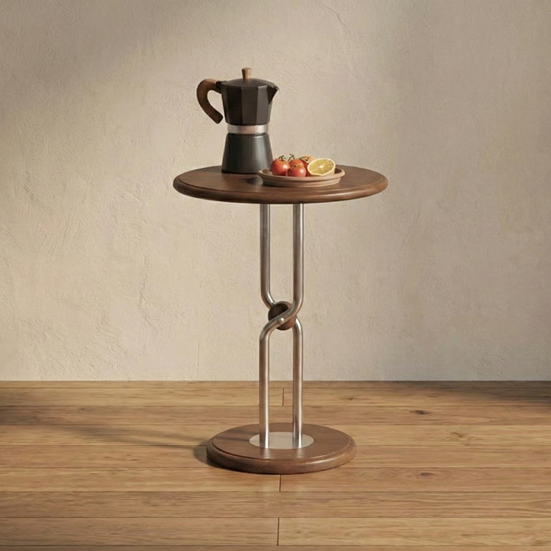 Contemporary Scandinavian Rubberwood Round Stainless Steel Base 1-Tier Side Table For Living Room & Bedroom