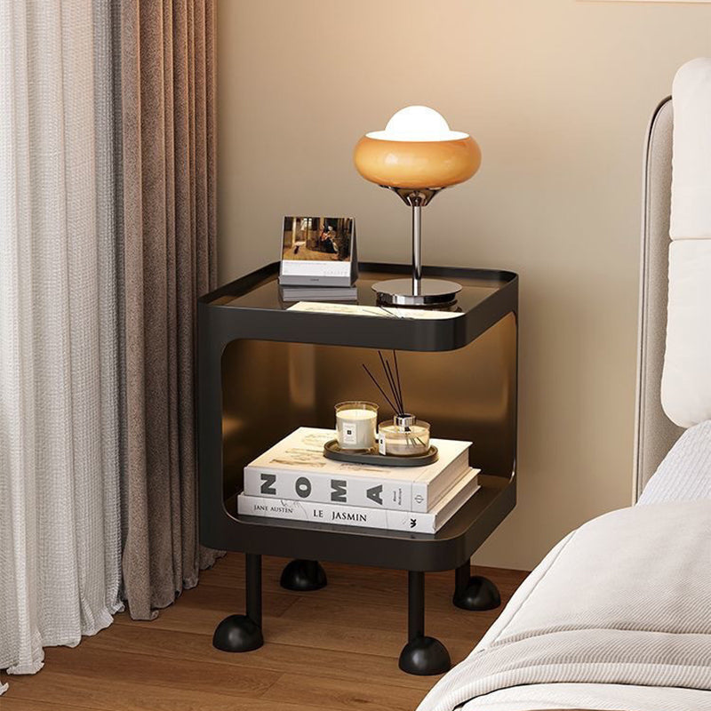 Contemporary Scandinavian Glass Square Nightstand Carbon Steel Frame 2-Tier Side Table For Living Room & Bedroom