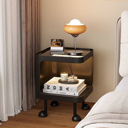 Contemporary Scandinavian Glass Square Nightstand Carbon Steel Frame 2-Tier Side Table For Living Room & Bedroom
