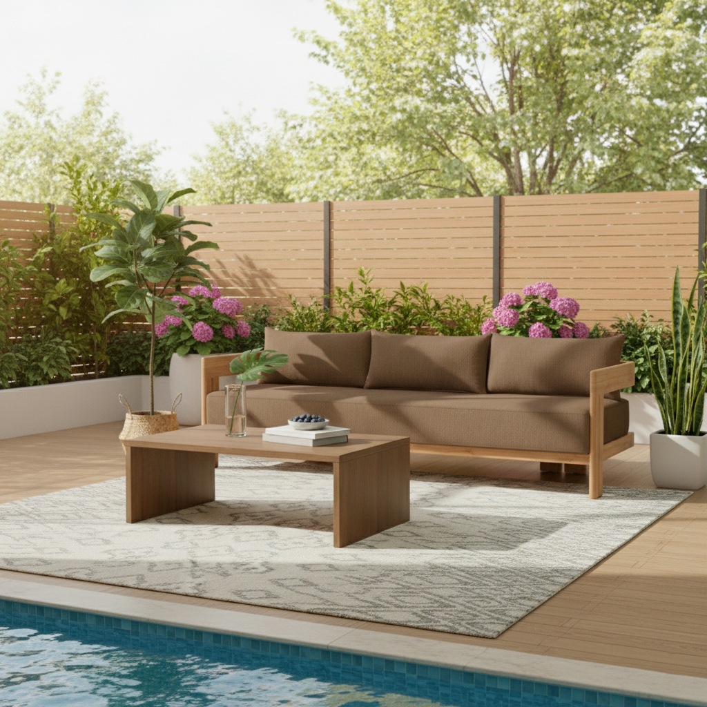 Contemporary Nordic Square Rectangular Teak Outdoor Sofa & Table Set For Outdoor Patio