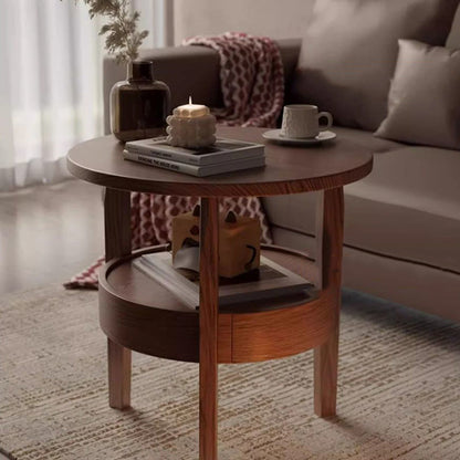 Traditional Vintage Round Rubberwood Paulownia Wood Solid Wood Plywood Coffee Table 2-Tier For Living Room