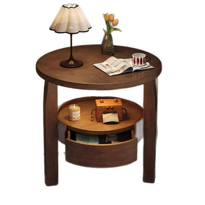 Traditional Vintage Round Rubberwood Paulownia Wood Solid Wood Plywood Coffee Table 2-Tier For Living Room