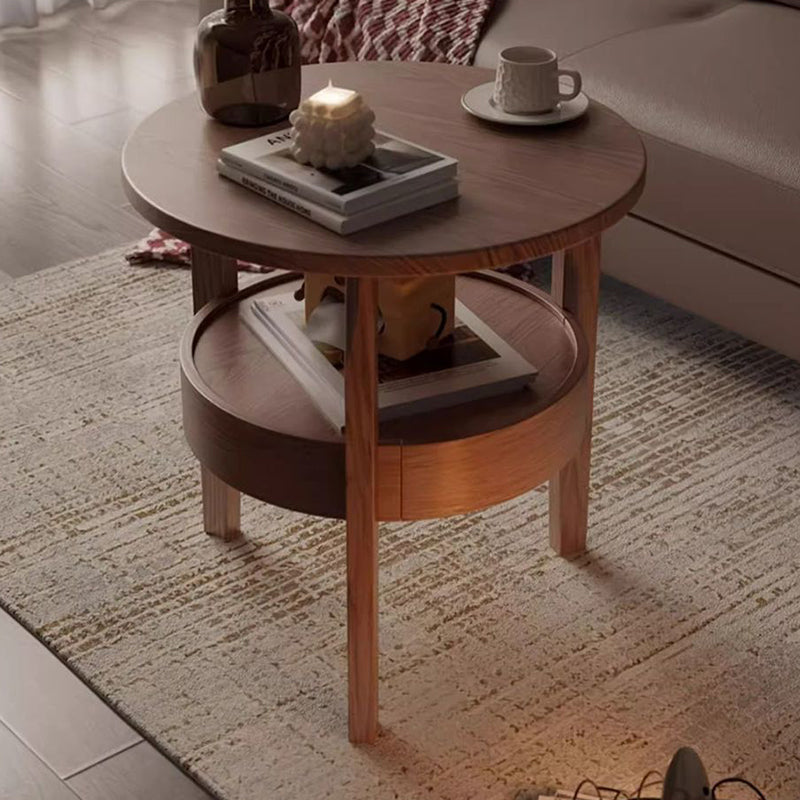 Traditional Vintage Round Rubberwood Paulownia Wood Solid Wood Plywood Coffee Table 2-Tier For Living Room