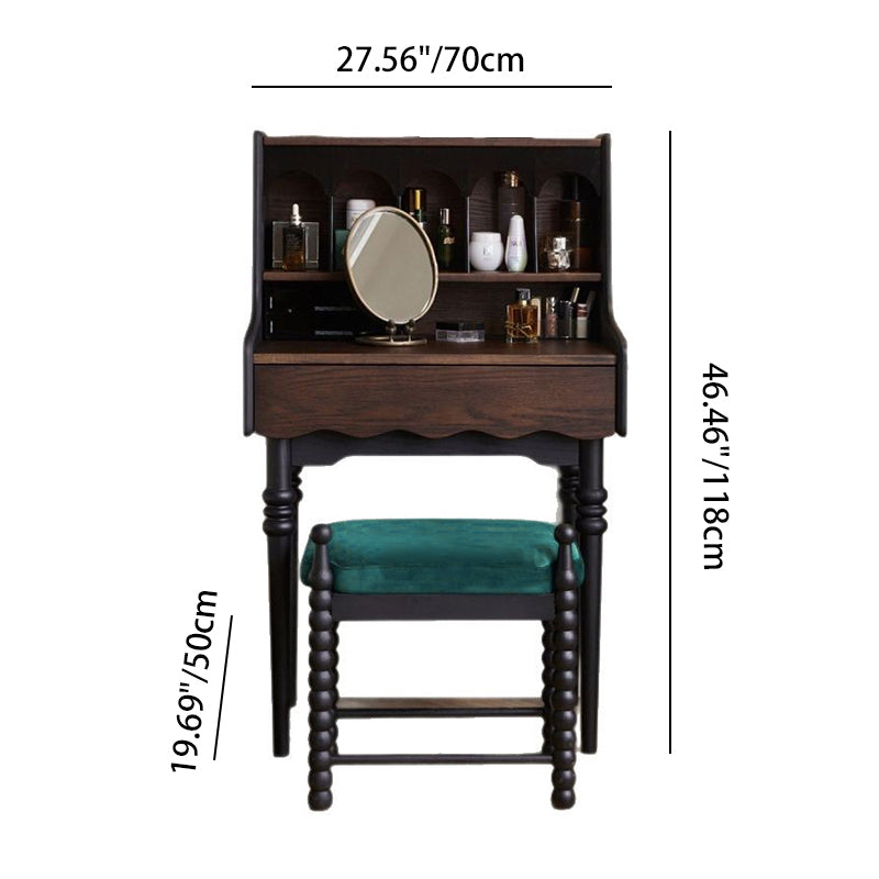 Traditional Vintage Rectangular Solid Wood Velvet Makeup Vanity & Vanity Stool Set 2-Tier For Bedroom