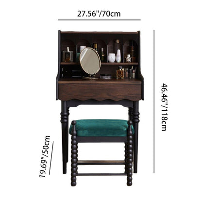 Traditional Vintage Rectangular Solid Wood Velvet Makeup Vanity & Vanity Stool Set 2-Tier For Bedroom