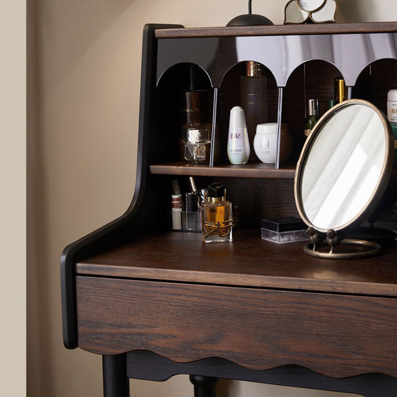 Traditional Vintage Rectangular Solid Wood Velvet Makeup Vanity & Vanity Stool Set 2-Tier For Bedroom