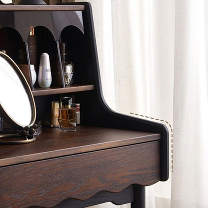 Traditional Vintage Rectangular Solid Wood Velvet Makeup Vanity & Vanity Stool Set 2-Tier For Bedroom